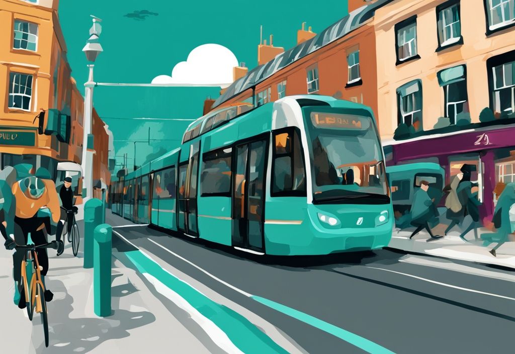 Ilustración digital moderna de transporte en Dublín: tranvía Luas, ciclistas y autobús de dos pisos cerca del río Liffey, con tema de color principal en tonos teal.