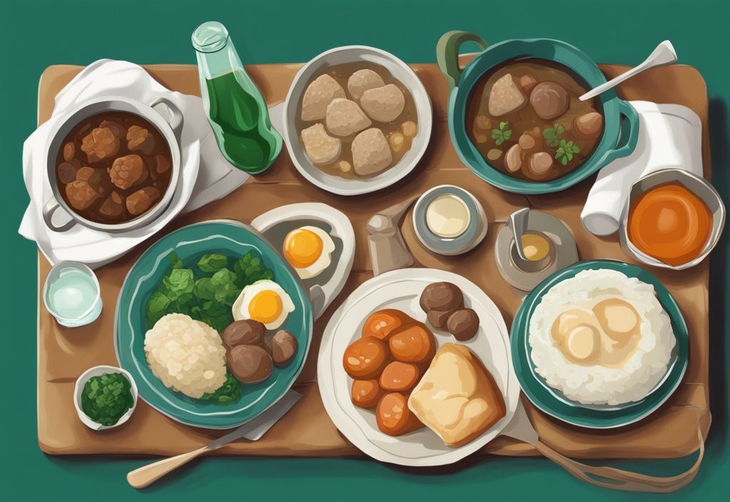 Ilustración digital moderna de platos típicos irlandeses: estofado irlandés, pan de soda, colcannon, boxty y desayuno irlandés completo, con temática de color principal en tonos teal.