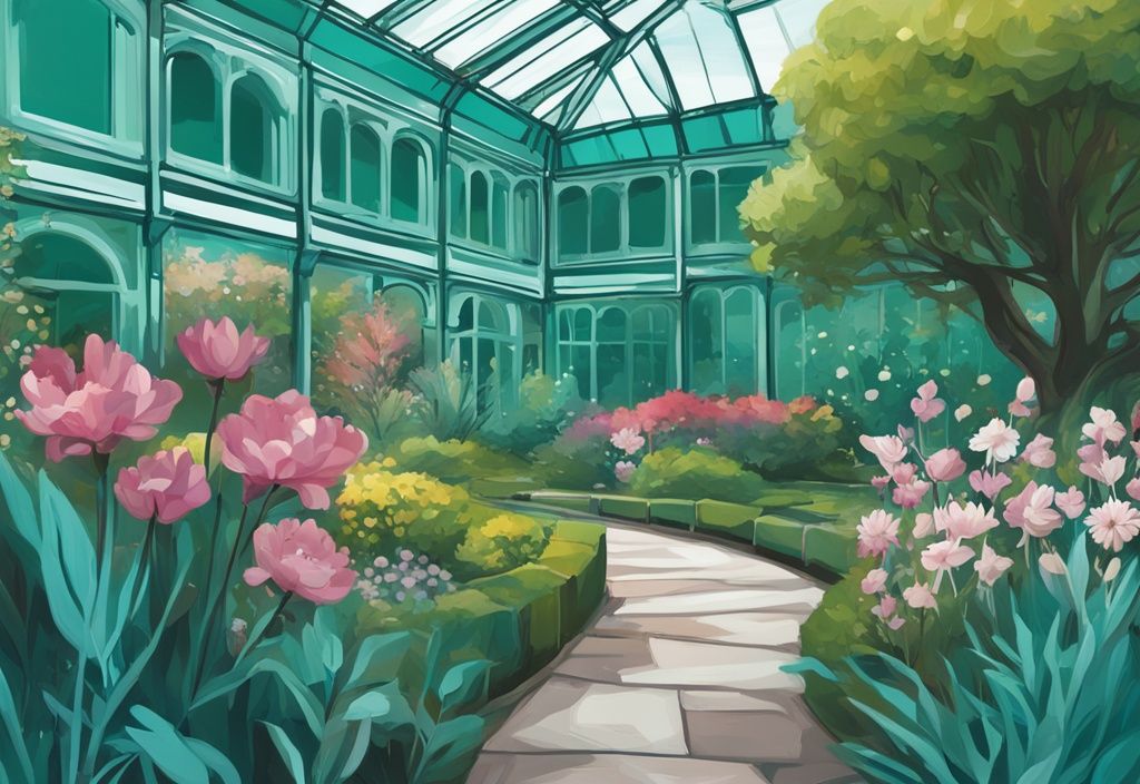 Ilustración digital moderna con temática de color teal, mostrando paisajes verdes exuberantes, flores florecientes y elegantes invernaderos del jardín botánico Dublin.