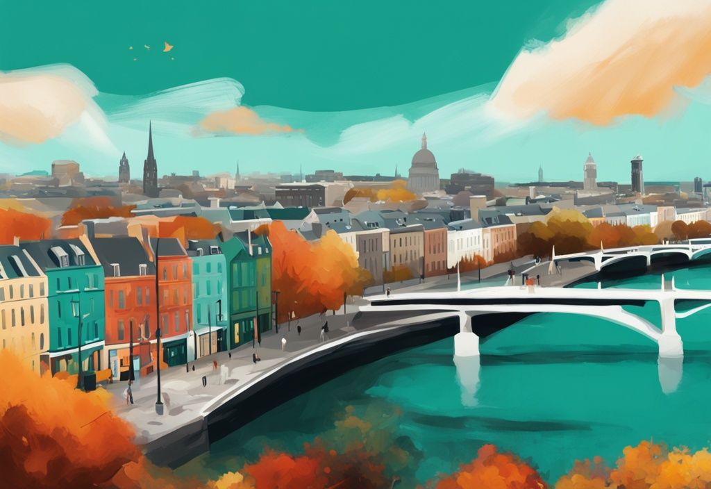 Ilustración digital moderna de Dublín en otoño con colores vibrantes y cielo despejado, destacando los principales monumentos; mejor epoca para viajar a dublin.