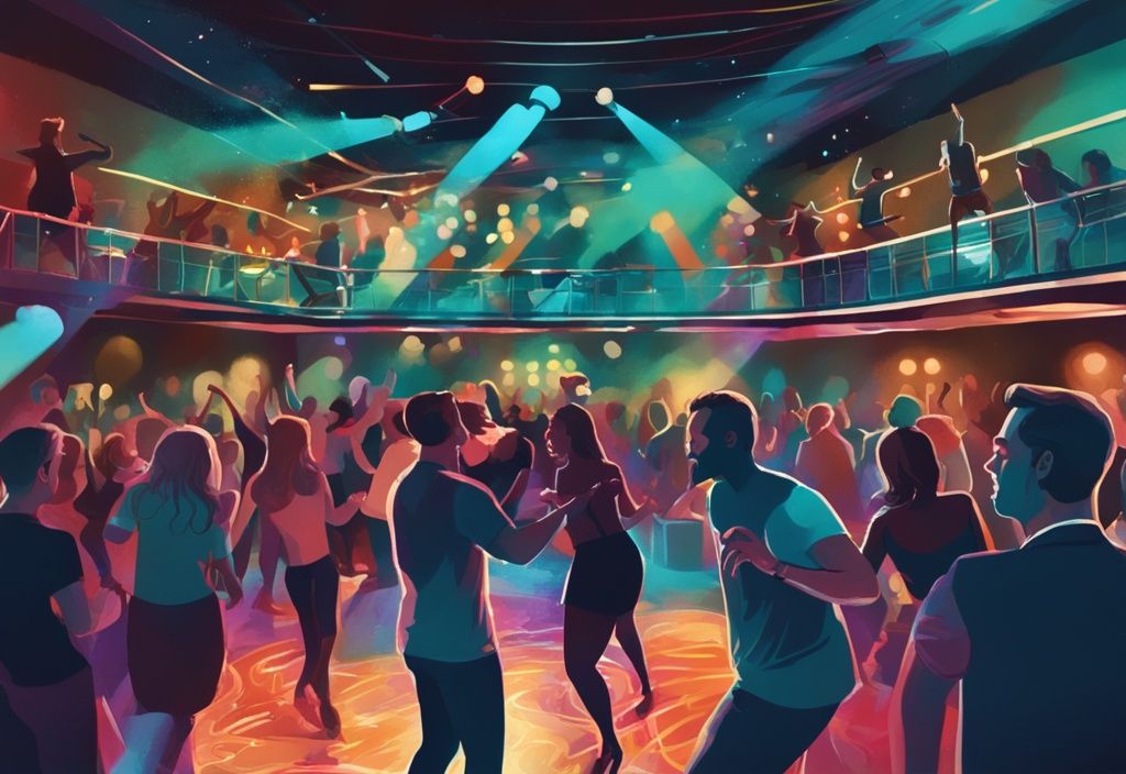 Ilustración digital moderna de discotecas Dublín, con temática de color teal, mostrando una animada escena nocturna con personas bailando, DJ y luces coloridas en la pista de baile.