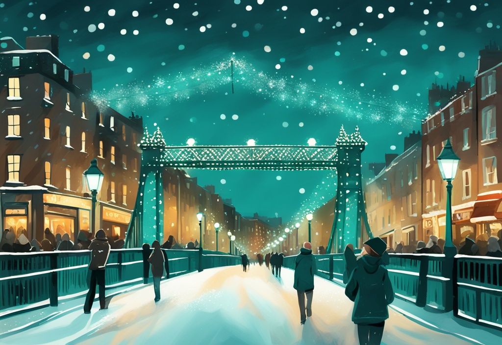 Ilustración digital moderna del Puente Ha'penny en Dublín en diciembre, con luces festivas, nieve ligera y el barrio de Temple Bar iluminado al fondo.