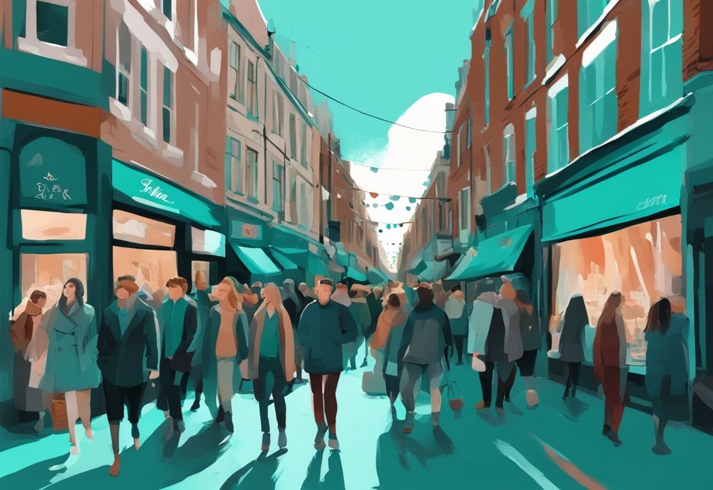 Ilustración digital moderna de una calle concurrida en Dublín, Irlanda, con tiendas de ropa eclécticas y personas a la moda, con un tema de color principal en tonos teal.