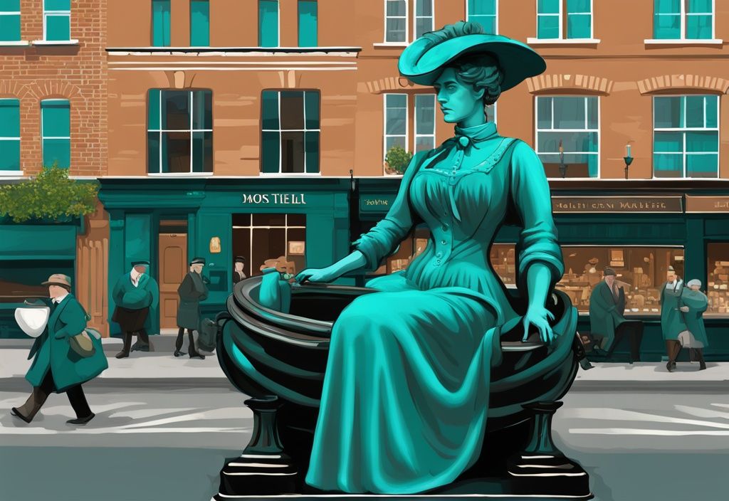 Ilustración digital moderna en tonos de teal de la icónica estatua de bronce de Molly Malone con el histórico Dublín de fondo, representando su historia como pescadera en el folclore irlandés. molly malone historia