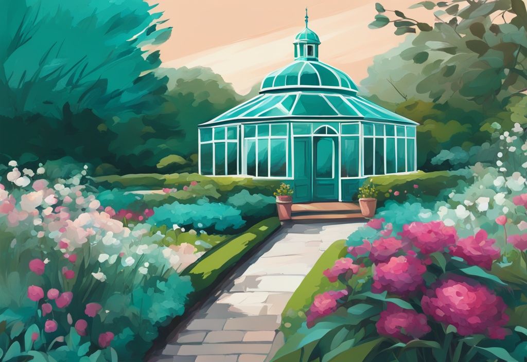 Pintura digital moderna de colores teal mostrando el Jardín Botánico de Dublín con flores vibrantes, vegetación exuberante y un invernadero victoriano al fondo.