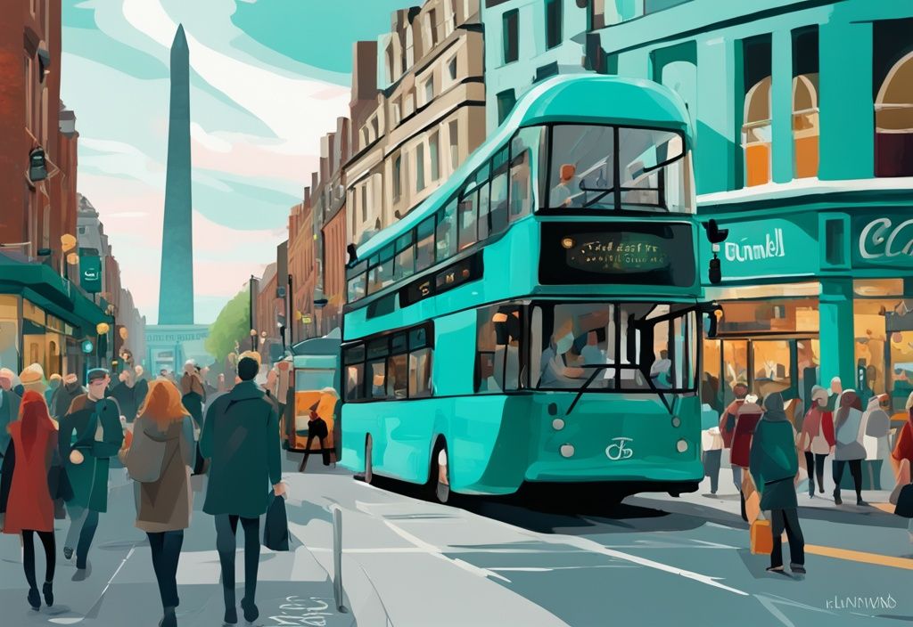 Ilustración digital moderna de O'Connell Street Dublin con la aguja icónica, tiendas coloridas y una mezcla de turistas y locales.