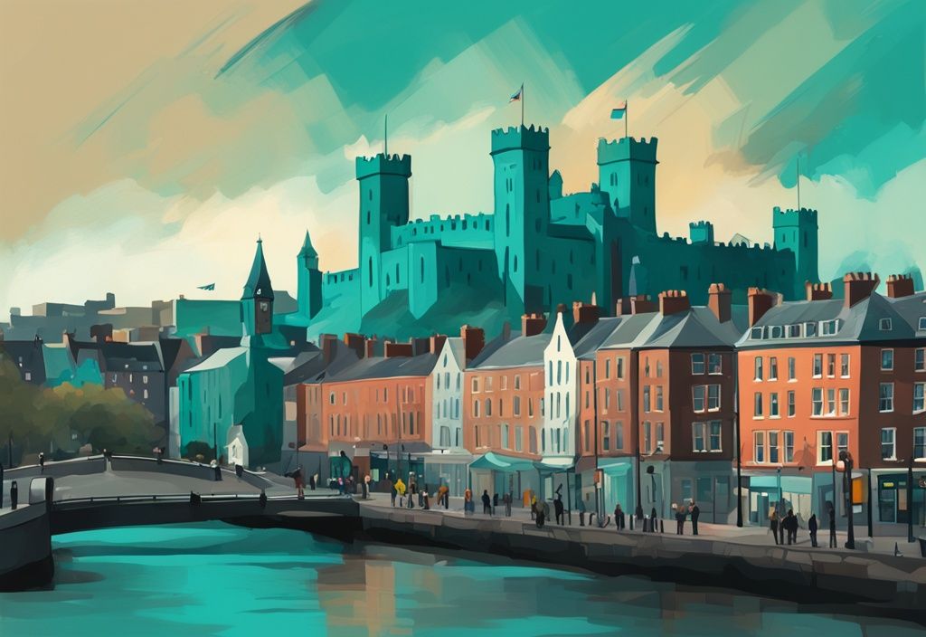 Ilustración digital moderna de Dublín Castle con tema principal en color teal y vida urbana animada en primer plano