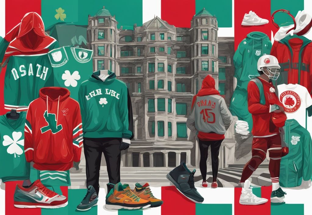 Ilustración digital moderna con tema en color teal, collage de prendas como sudaderas, bandanas y camisetas de equipos deportivos con un signo rojo de "prohibido" frente a un icónico monumento irlandés.