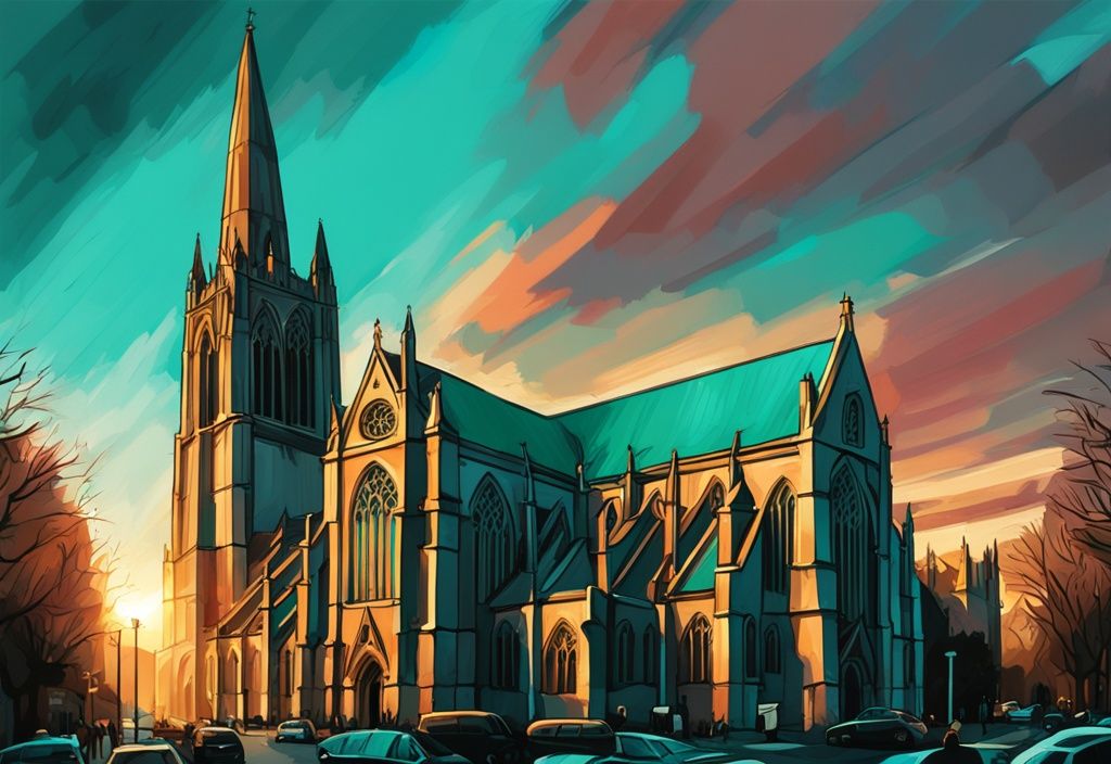 Ilustración digital moderna de la catedral San Patricio Dublín al atardecer con arquitectura gótica y tonos cálidos, tema principal en color teal.