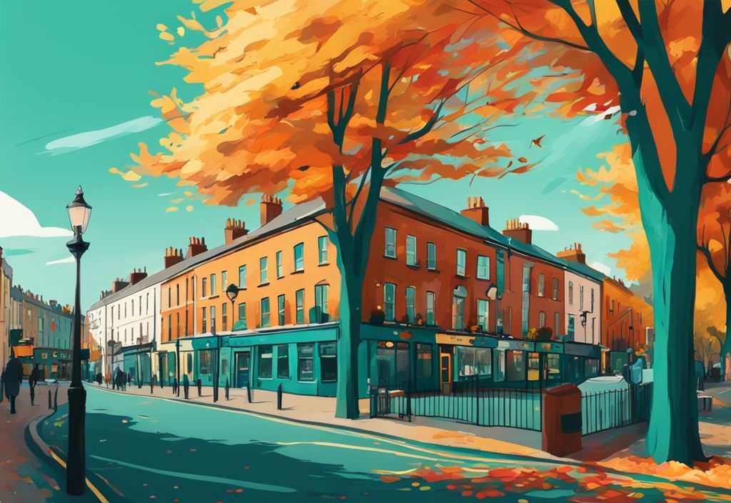 Ilustración digital moderna de Dublín en otoño con colores vibrantes y cielo despejado, destacando los mejores lugares de interés; mejor epoca para viajar a dublin.