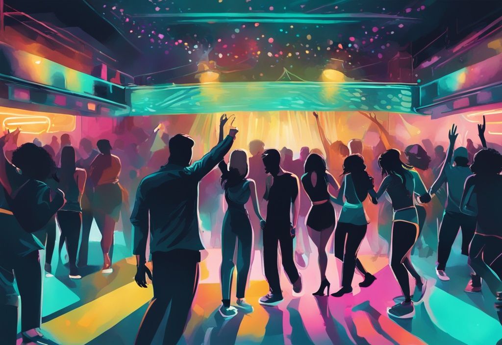 Ilustración digital moderna en tonos teal de una animada escena en discotecas Dublin con personas bailando, DJ tocando música y luces coloridas iluminando la pista de baile.