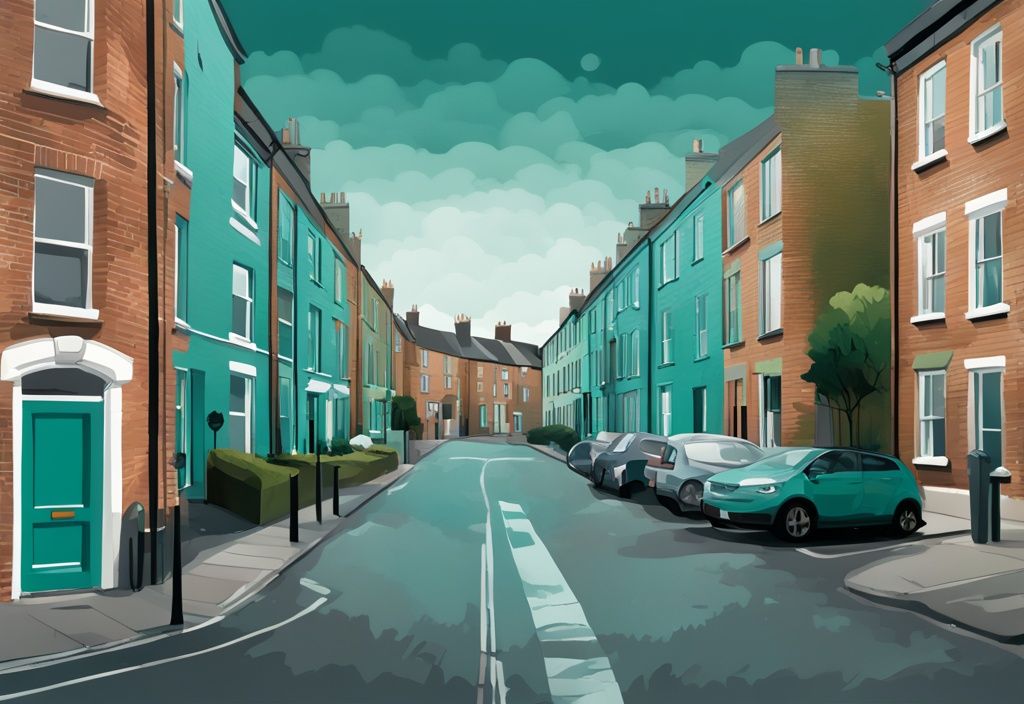 Ilustración digital moderna de vecindarios residenciales en Dublín con tema de color turquesa, mostrando apartamentos modernos en el centro y casas clásicas en los suburbios.