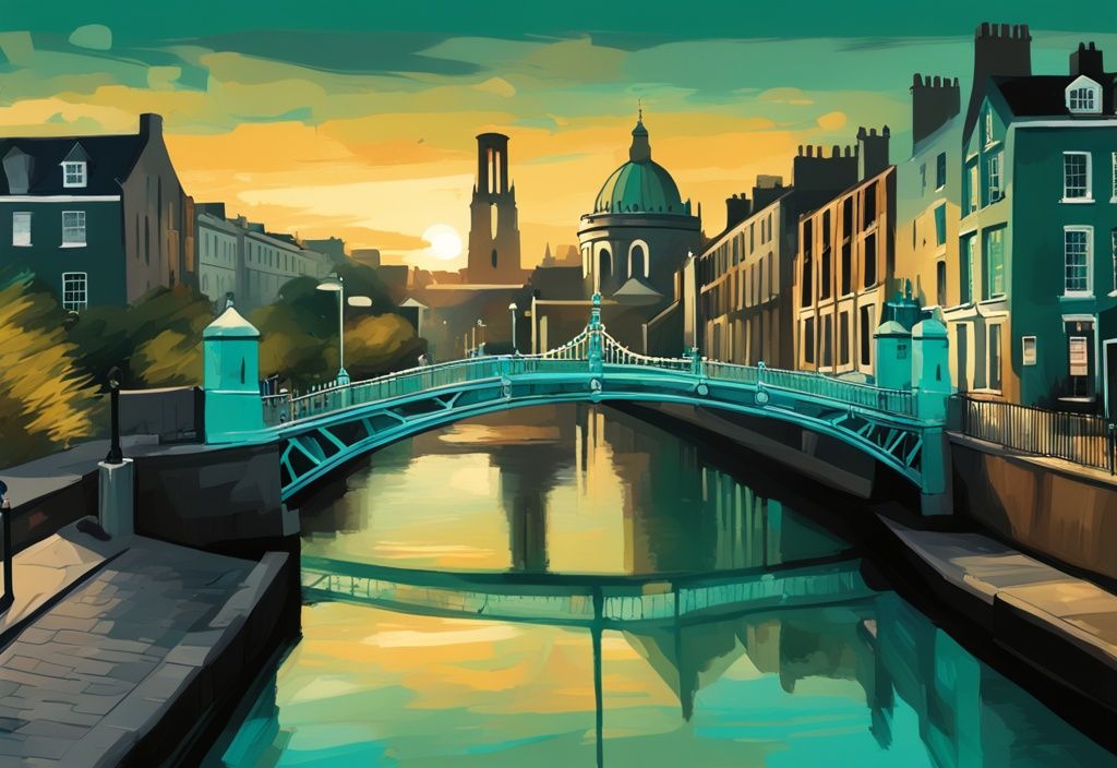 Ilustración digital moderna en tonos teal destacando puntos icónicos de Dublín: Puente Ha'penny, Trinity College, Guinness Storehouse y Catedral de San Patricio en una secuencia de amanecer a atardecer durante un viaje de 4 días.