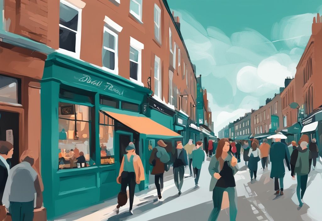 Ilustración digital moderna de una calle concurrida en Dublín con restaurantes y cafés encantadores, personas disfrutando de sus comidas, tema principal de color teal.