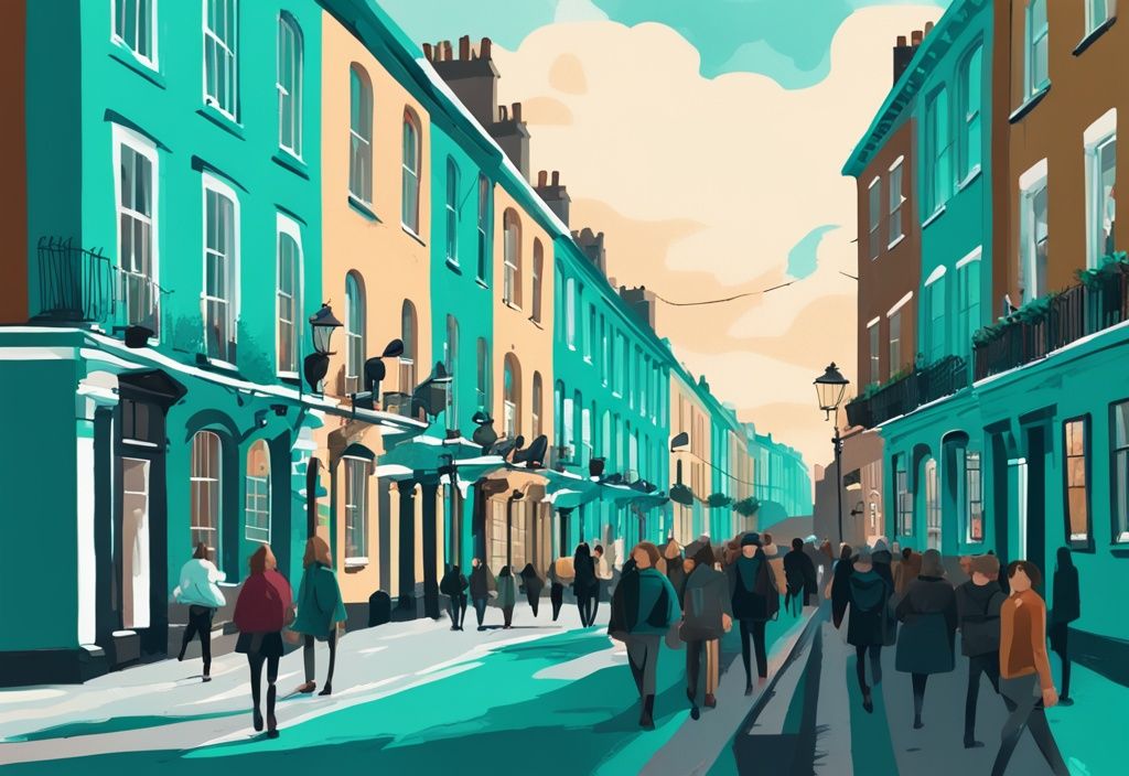 Ilustración digital moderna de una calle de Dublín con puertas georgianas coloridas, el puente Ha'penny y el río Liffey en el fondo, ideal para visitar Dublín.