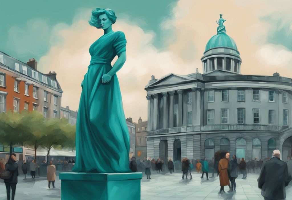 Ilustración digital moderna en tonos teal de una estatua de una mujer resiliente en Dublín, situada en una plaza concurrida bajo un cielo parcialmente nublado.