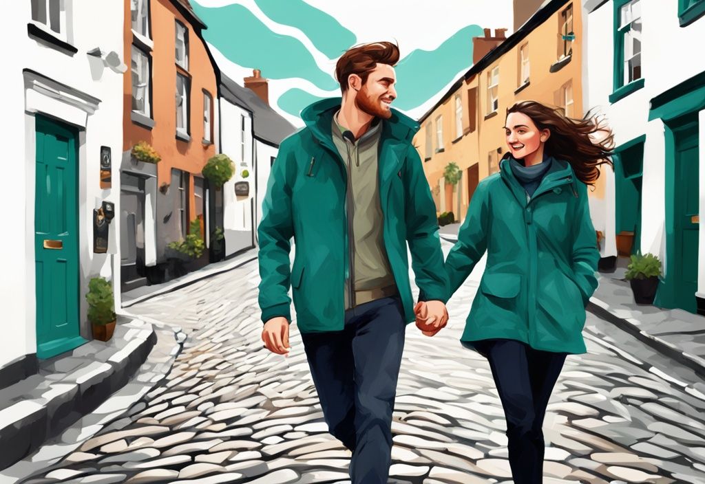 Pareja joven y moderna caminando por una calle empedrada irlandesa, vestidos con chaquetas impermeables ligeras y calzado cómodo, en una ilustración digital con temática de color teal.