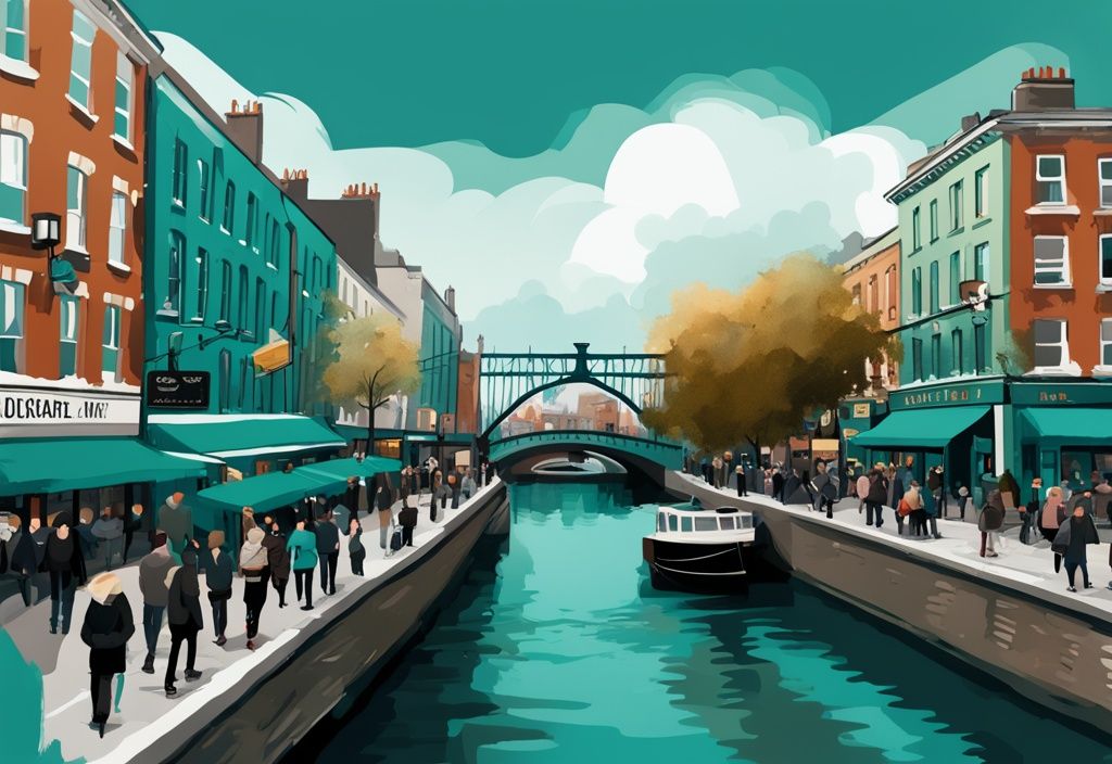 Ilustración digital moderna de Temple Bar en Dublín con el Puente Ha'penny y el Río Liffey al fondo, ideal para dublin turismo que ver