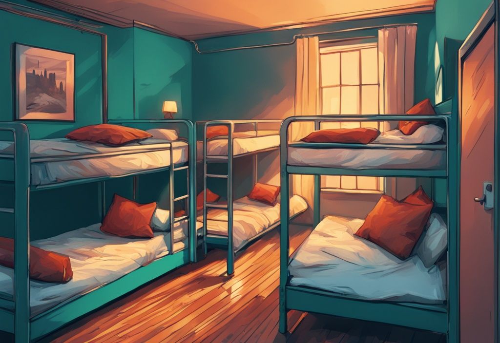 Ilustración digital moderna en tonos teal de una acogedora habitación de hostal económico en Dublín con camas literas, comodidades compartidas y una animada zona común llena de viajeros.