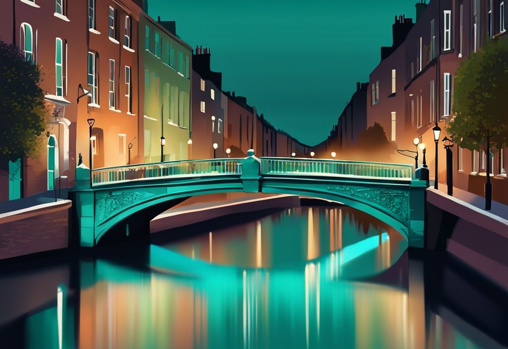 Ilustración digital moderna del Puente Halfpenny iluminado sobre el río Liffey en Dublín al atardecer, con temática de color verde azulado.