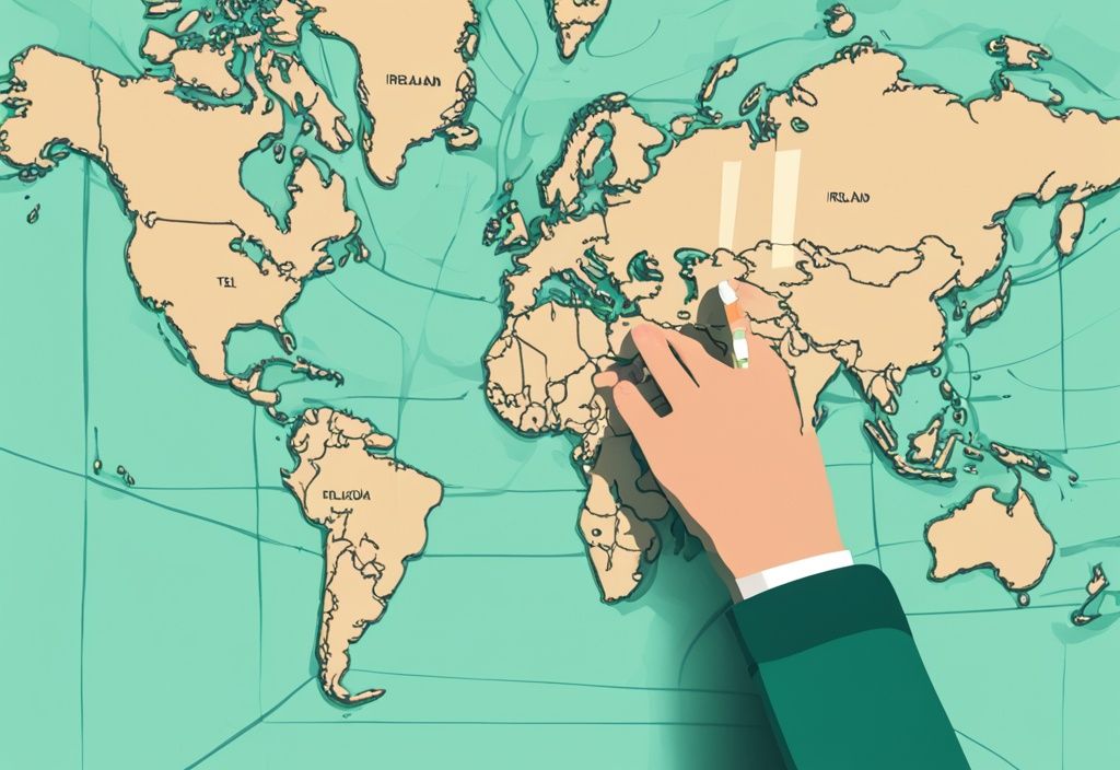 Ilustración digital moderna con tema en color teal, mapa mundial resaltando Irlanda y mano sosteniendo pasaporte señalando requisitos de viaje.