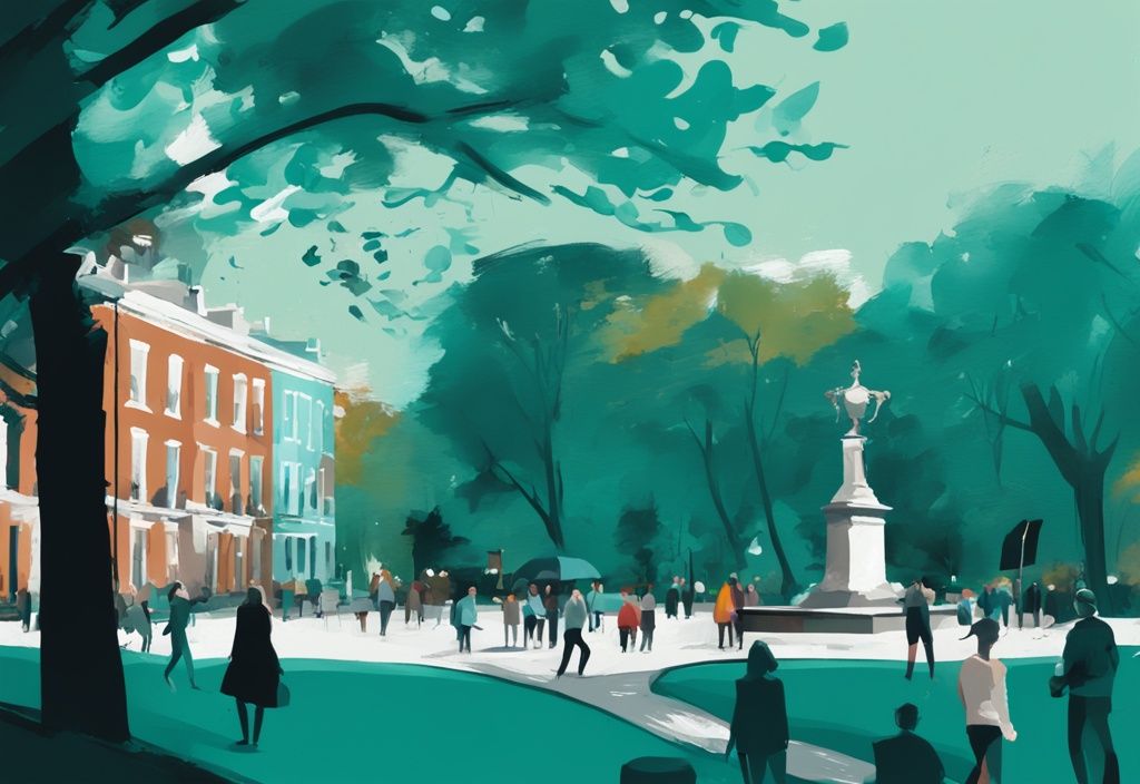 Ilustración digital moderna de Merrion Square Dublin con personas disfrutando del parque y edificios georgianos históricos al fondo, en tonos de color verde azulado.