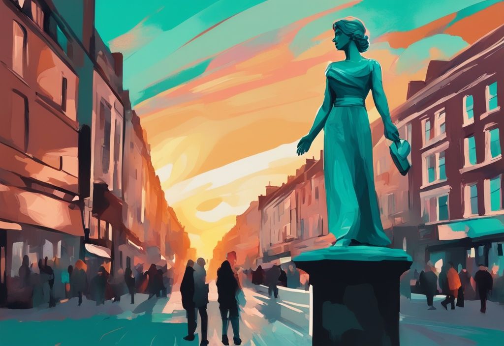 Estatua Dublin mujer en pintura digital moderna con tema de color teal, rodeada de un cielo al atardecer en el centro de la ciudad.