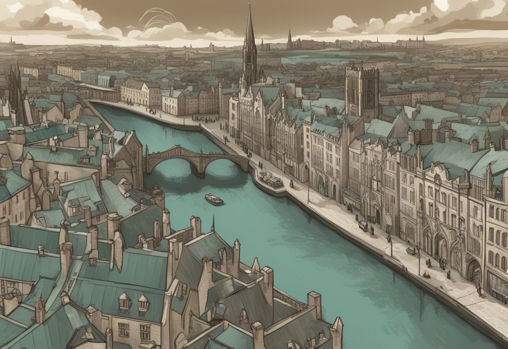 Ilustración digital moderna con tema principal en color teal, mostrando un mapa antiguo de Dublín con puntos de referencia históricos destacados como el Castillo de Dublín y la Catedral de San Patricio, y escenas callejeras antiguas en tono sepia en primer plano, historia de Dublín.