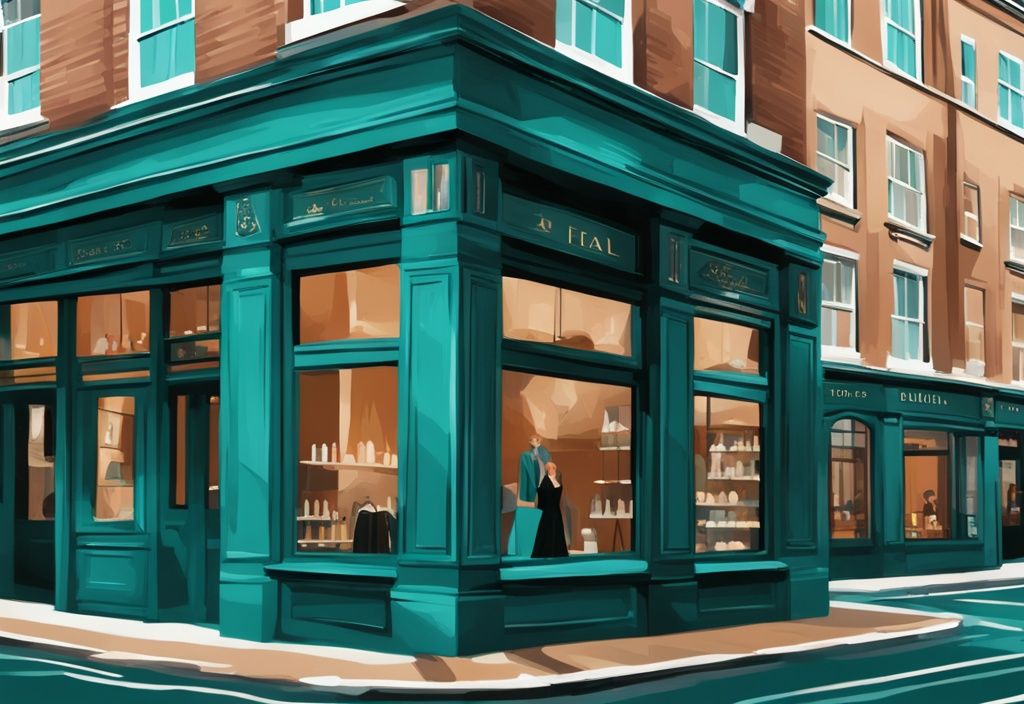 Ilustración digital moderna en tonos teal de las elegantes tiendas, hoteles de lujo y restaurantes de alta gama de Dublín; dublin es caro.