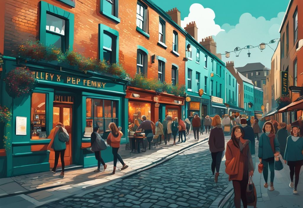 Ilustración digital moderna de la animada escena del distrito Temple Bar con turistas explorando calles adoquinadas, pubs coloridos y restaurantes, con el icónico Puente Ha'penny y el Río Liffey al fondo, destacando el turismo dublin.