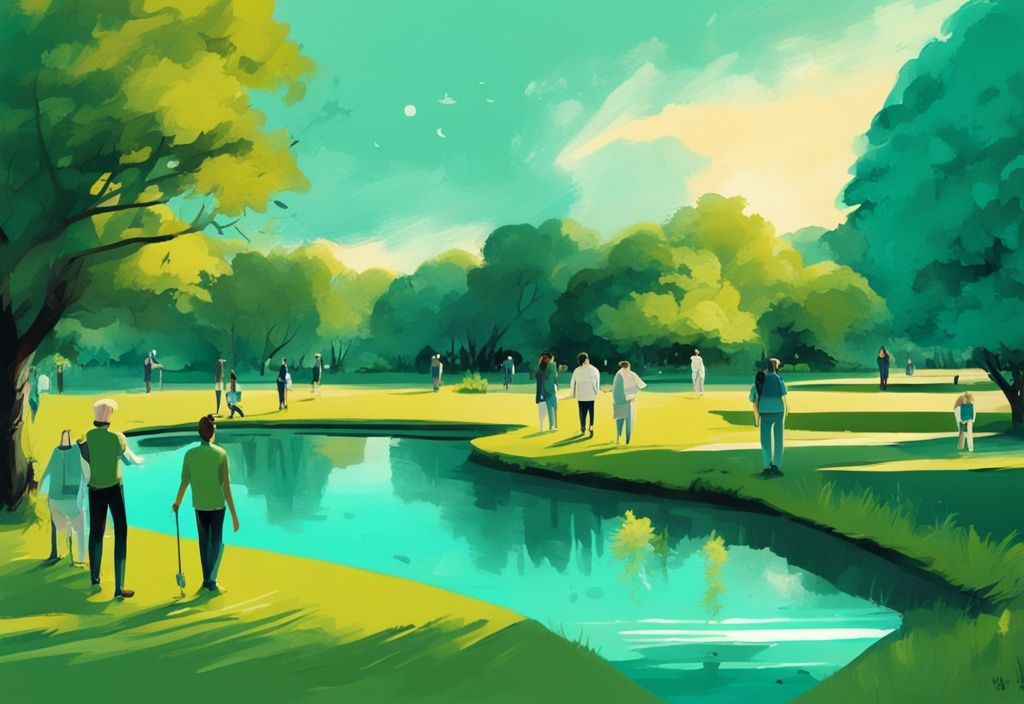 Ilustración digital moderna de Phoenix Park con tema en color teal, mostrando césped verde, senderos, árboles antiguos, un estanque y personas disfrutando.