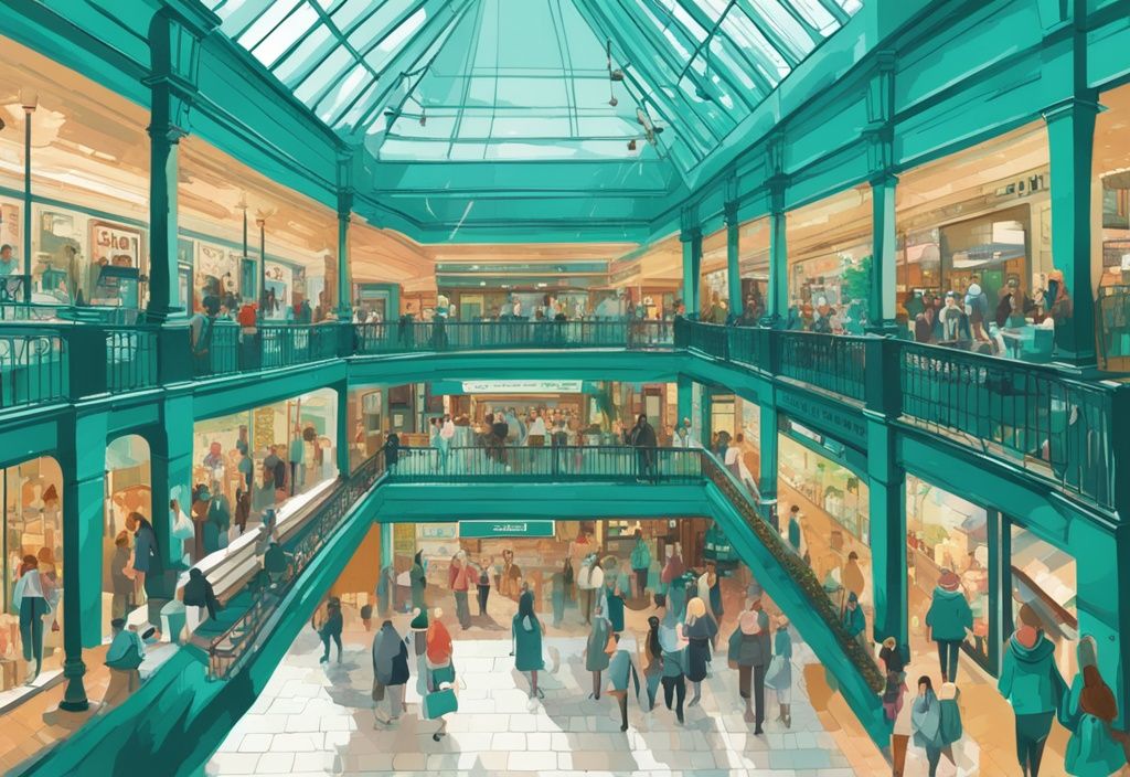 Ilustración digital moderna del centro comercial Dublin, Stephen's Green Shopping Centre, con tema de color teal, mostrando compradores animados, tiendas diversas, diseños arquitectónicos intrincados y un ambiente vibrante.