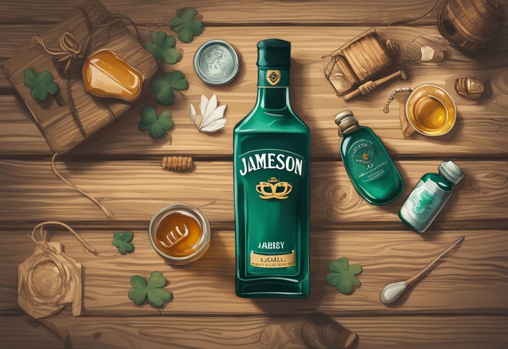 Ilustración digital moderna en tonos teal con íconos irlandeses como un anillo Claddagh, una botella de whiskey Jameson, suéteres Aran y miel de Dublín sobre una mesa de madera rústica.