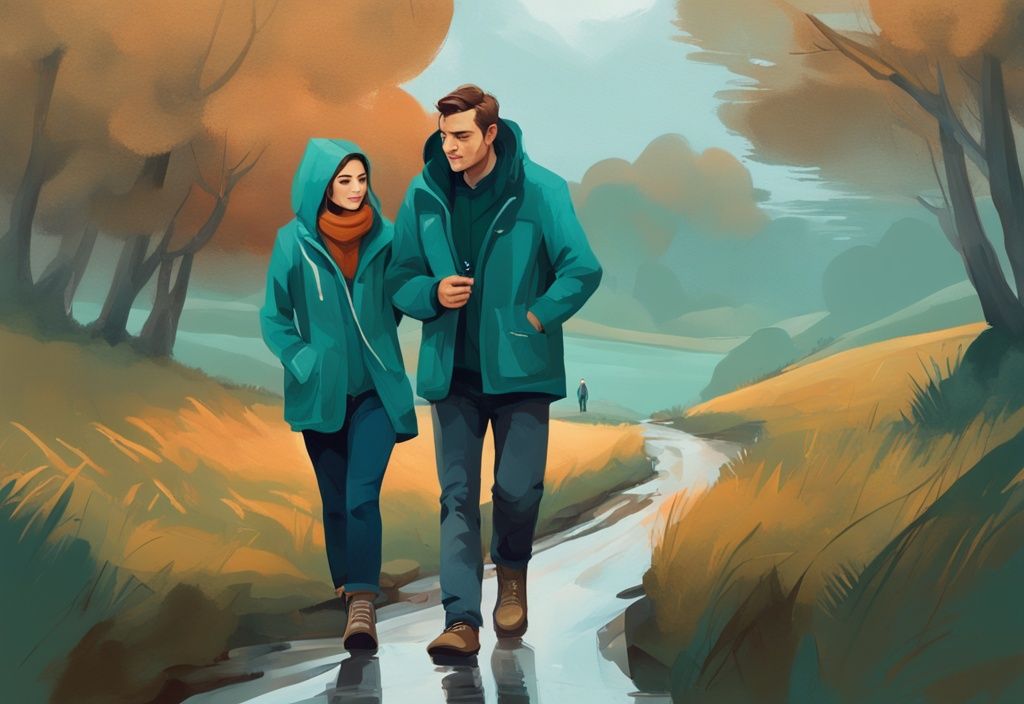 Pareja explorando cómodamente el campo irlandés en septiembre, hombre con chaqueta impermeable y mujer con suéter cálido y jeans casuales, ambos con zapatos cómodos para caminar - que ropa llevar a irlanda en septiembre.