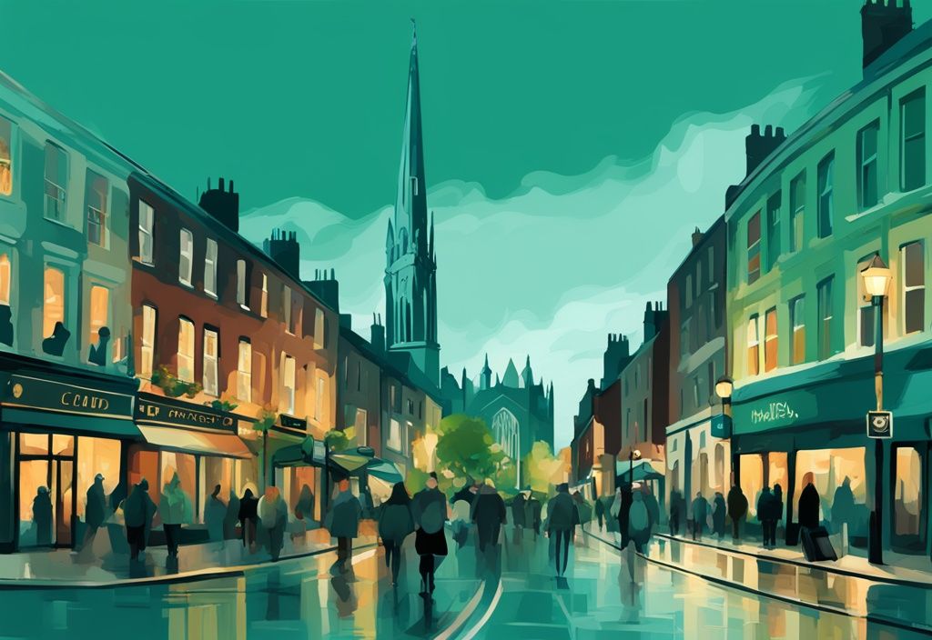 Ilustración digital moderna en tonos teal de Dublín, destacando el Spire, el distrito de Temple Bar y la Catedral de San Patricio, capturando la animada vida urbana; que ver en dublin.