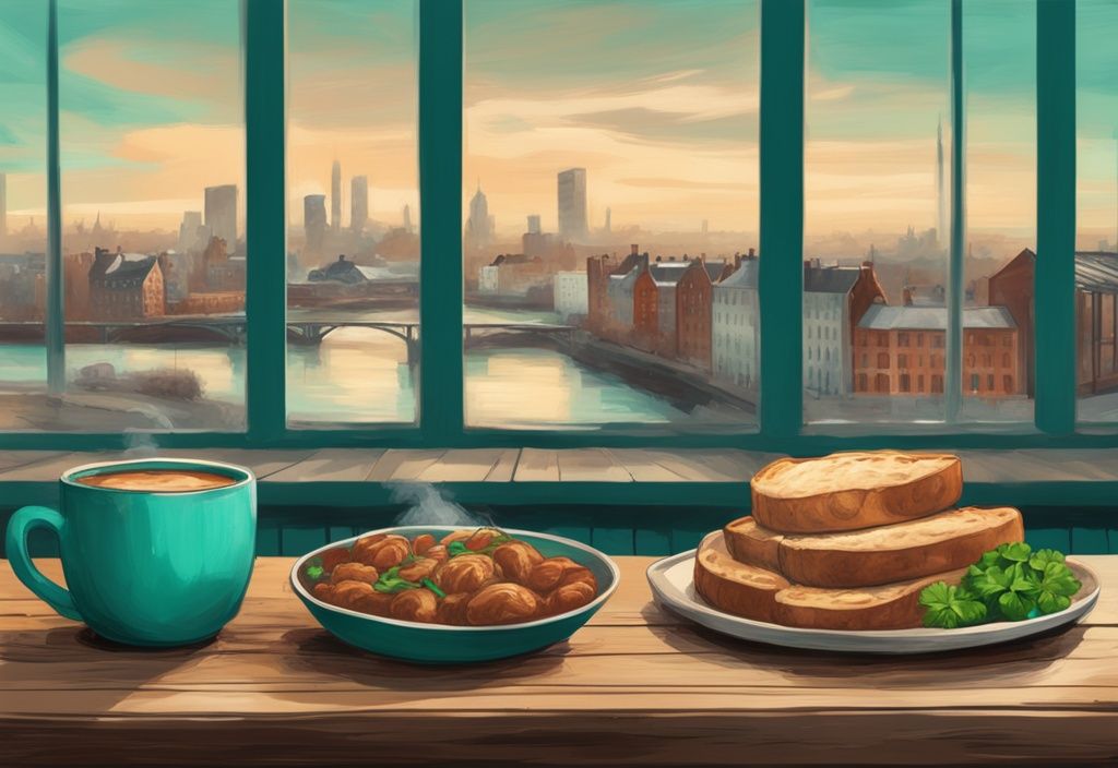 Ilustración digital moderna con desayuno irlandés, estofado irlandés y pan de soda en mesa rústica con fondo de ciudad de Dublín, comida típica dublin.