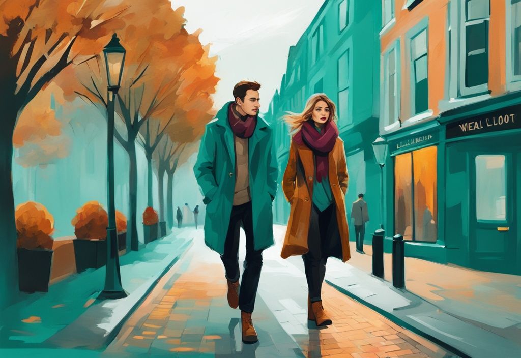 Ilustración digital moderna de un hombre y una mujer con ropa de moda, chaquetas ligeras, bufandas y botas, paseando por una calle otoñal de Dublín, con un tema de color principal en tonos teal.