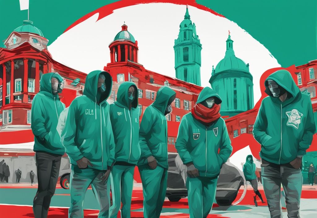 Ilustración digital moderna con tema principal en color turquesa, mostrando una colección de prendas de vestir como sudaderas, bandanas y camisetas de equipos deportivos tachadas con un signo de "prohibido" en rojo frente a un emblemático monumento irlandés.