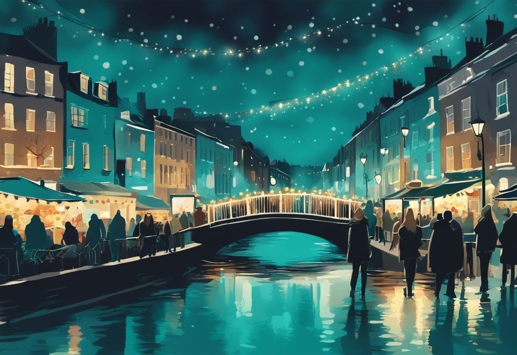 Ilustración digital moderna de un mercado navideño animado frente al icónico Puente Ha'Penny, iluminado con luces centelleantes, reflejándose en el Río Liffey, con tema principal en color turquesa.