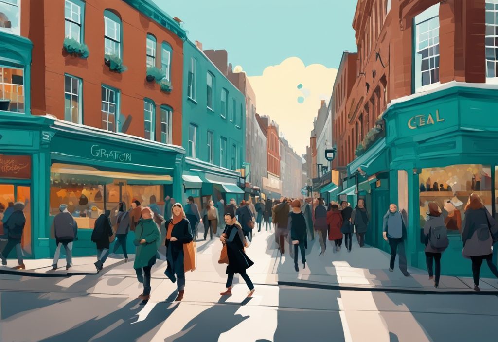 Ilustración digital moderna de Grafton Street en Dublín con tema principal en color teal, mostrando tiendas vibrantes, personas paseando y músicos callejeros.