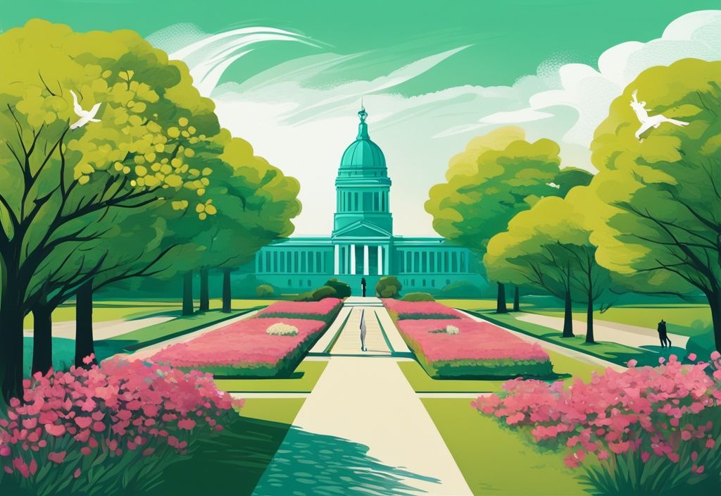 Ilustración digital moderna de Phoenix Park con paisaje verde vibrante, árboles frondosos, flores en flor, camino curvo, ciervos pastando y Monumento de Wellington al fondo, tema principal de color verde azulado.