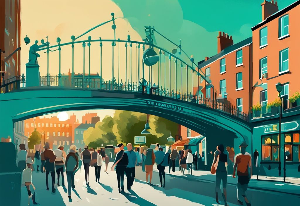 Ilustración digital moderna de Dublín en verano con tema principal en color teal, mostrando la Ha'Penny Bridge y residentes disfrutando en jardines de pubs, ideal para un viaje a Dublín en verano.