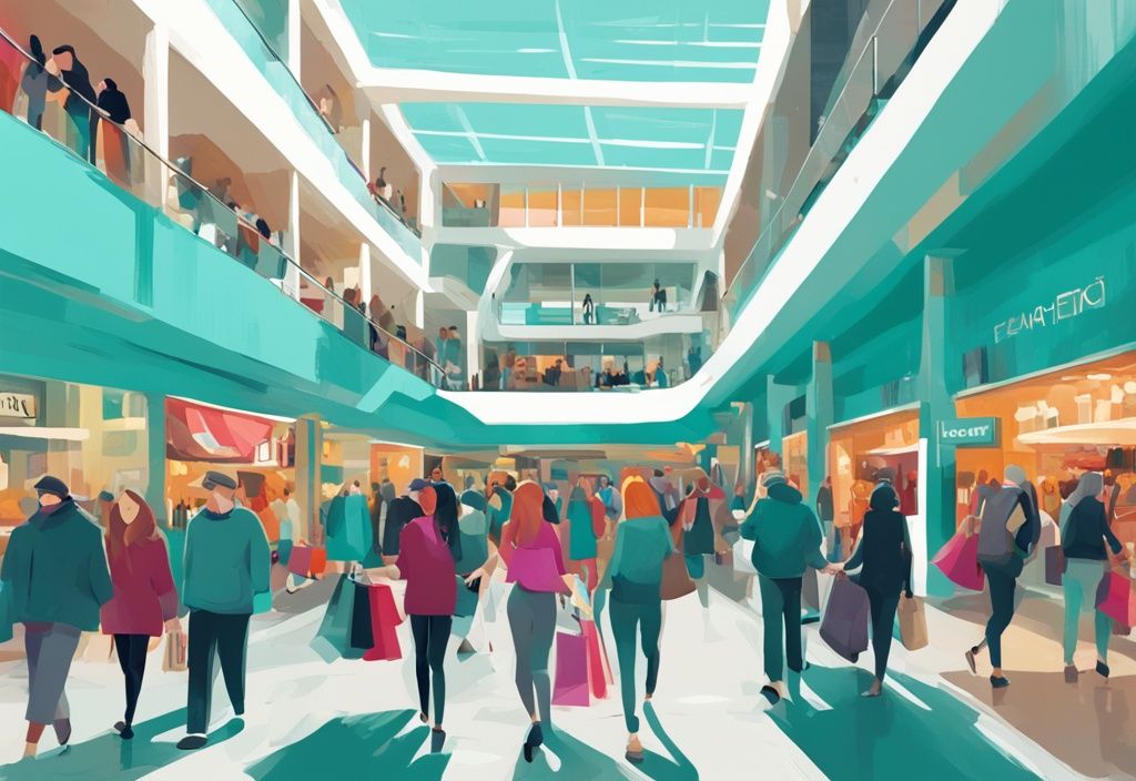 Ilustración digital moderna de un centro comercial vibrante en Dublín con personas disfrutando de sus compras, tema de color principal teal.