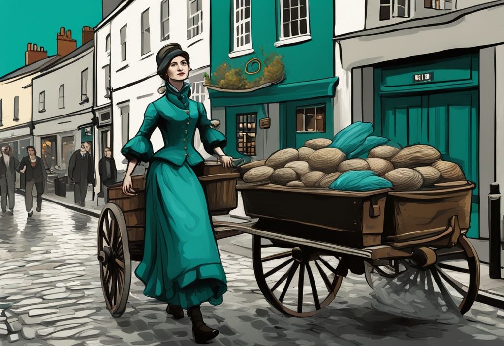 Ilustración digital moderna de Molly Malone en el siglo XVII empujando su carro de pescadera por las calles adoquinadas de Dublín, con tema de color principal en tonos teal.