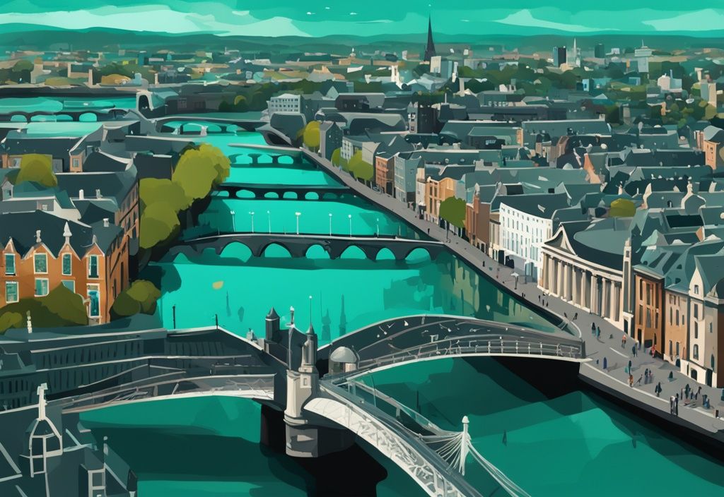 Ilustración digital moderna de Dublín con Trinity College, Ha'penny Bridge y la Catedral de San Patricio, guía Dublín.