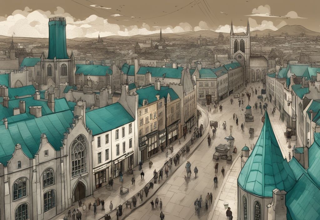 Ilustración digital moderna con tema de color teal de un mapa antiguo de Dublín con puntos de referencia históricos como el Castillo de Dublín y la Catedral de San Patricio, y escenas callejeras antiguas en sepia; historia de Dublín.