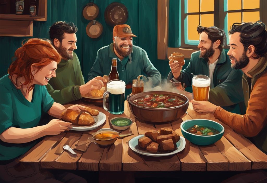 Ilustración moderna de comida típica irlandesa con un grupo de amigos disfrutando de un estofado irlandés, pan de soda y una pinta de cerveza oscura sobre una mesa rústica de madera.