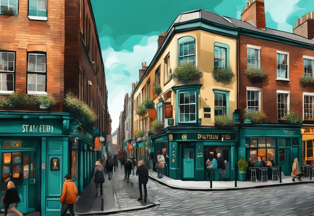 Pintura digital moderna de la vibrante zona de Temple Bar, conocida como la mejor zona para alojarse en Dublín, con pubs animados, cafés al aire libre y arquitectura histórica, en tonos de color teal.