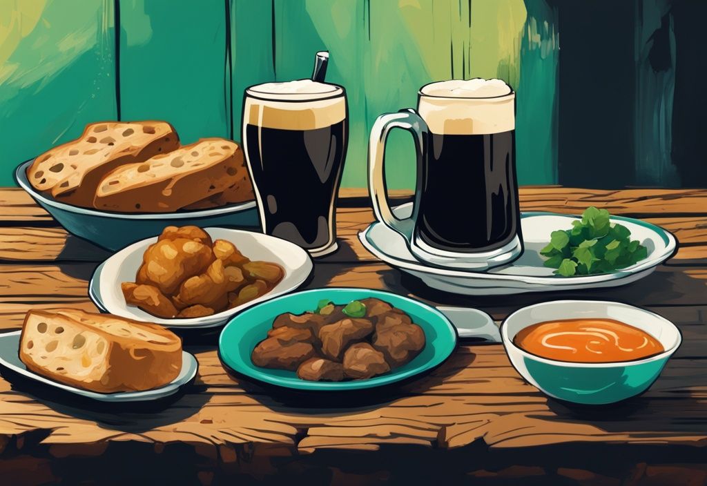 Ilustración digital moderna en tonos de teal mostrando comida típica de Dublín como estofado irlandés, pan de soda y una pinta de Guinness sobre una mesa de madera rústica.