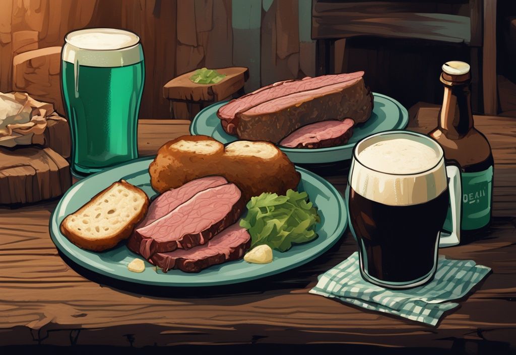 Pintura digital moderna de un festín irlandés tradicional con carne en conserva, col, pan de soda y una pinta de cerveza negra en una mesa rústica de madera, con tema principal de color verde azulado.